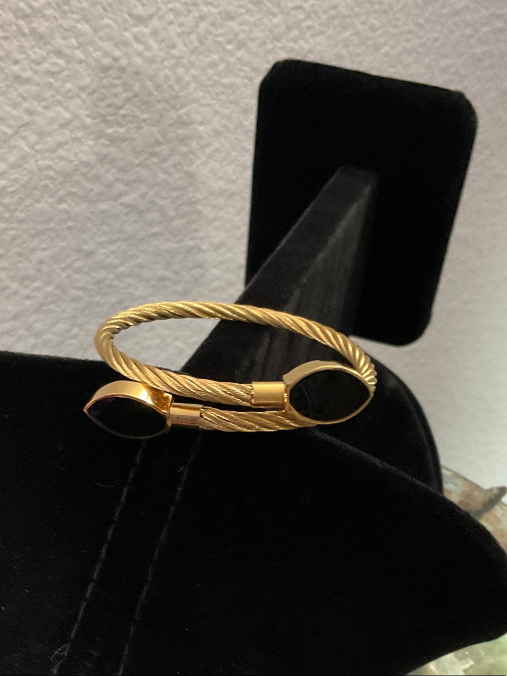 Gold-Tone Black Stone Open Cable Bypass Bracelet